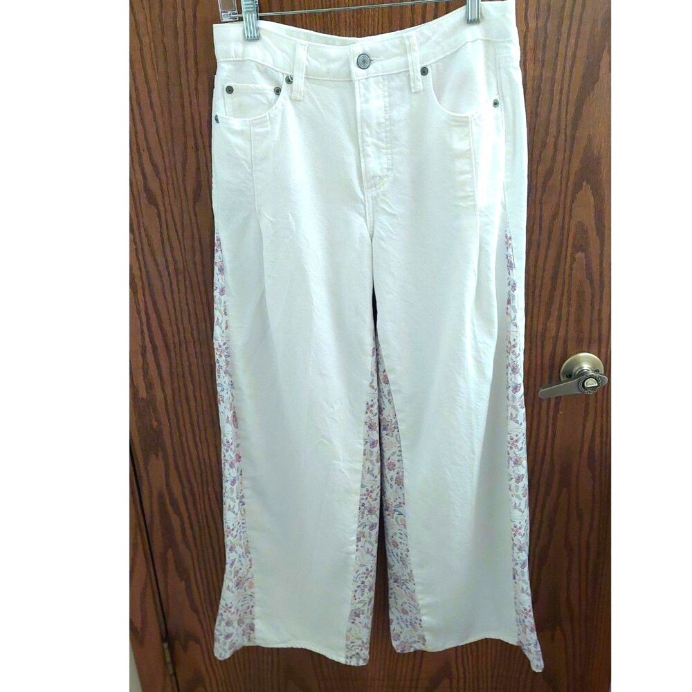 Lucky Brand High Rise Palazzo Pants 4/27 White Floral Side Panel 100% Tencel